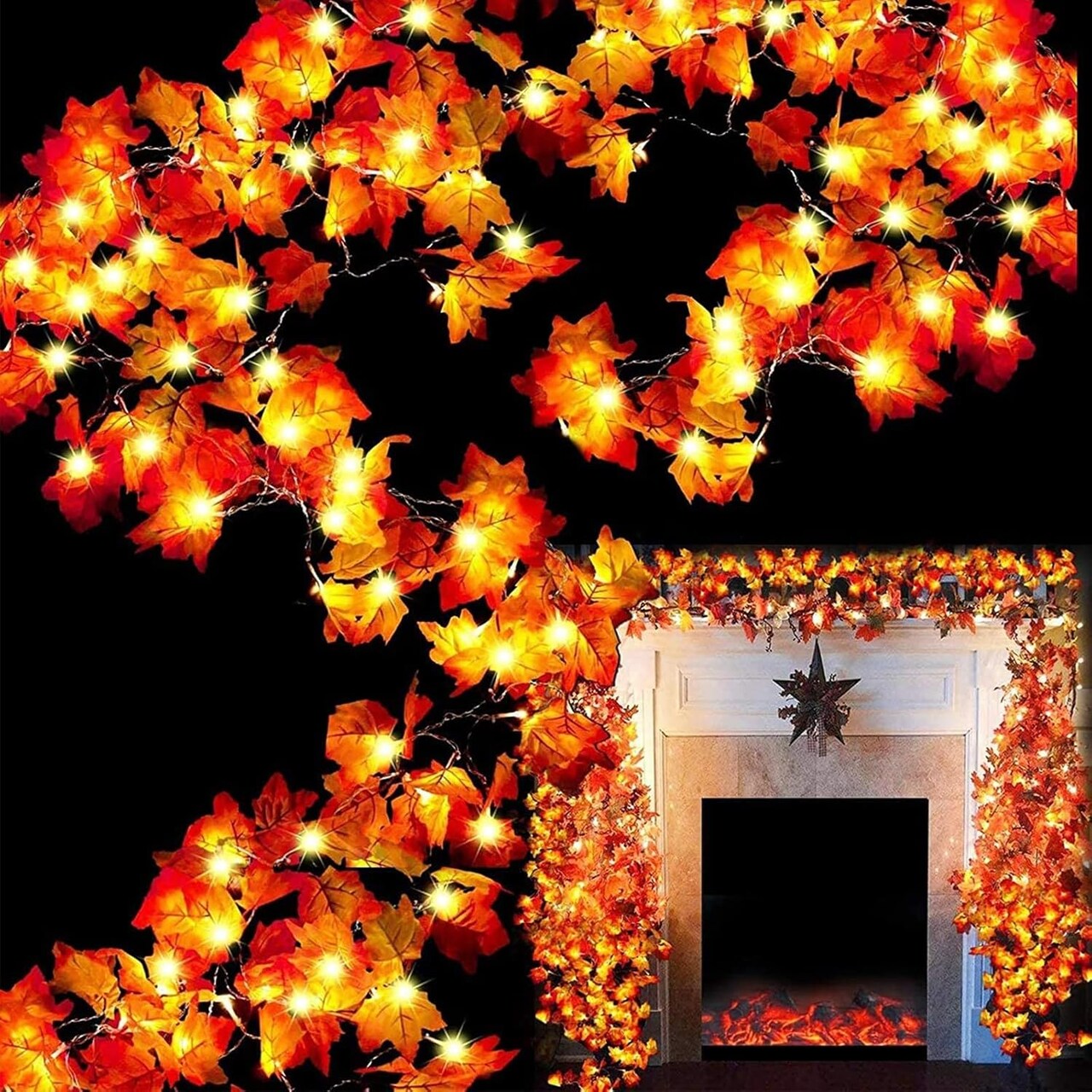 6 Pack Fall Decor Enlarged Maples Leafed Fall Decorations-60Ft 120LED Battery Operated